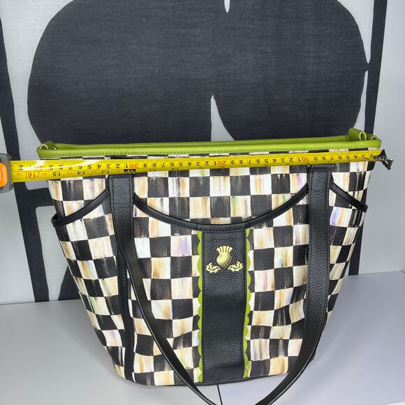 MacKenzie Childs Courtly Check Chartreuse Black Leather Diaper Bag Tote - Picture 5 of 9